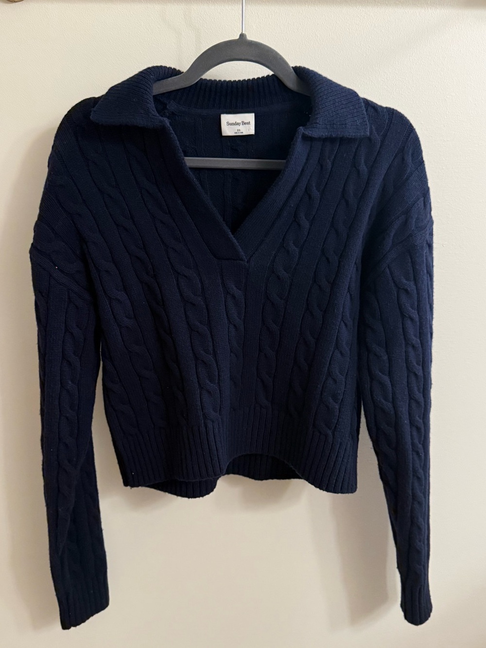 Aritzia Sunday Best Navy Cable-Knit V-Neck Sweater with Polo Collar